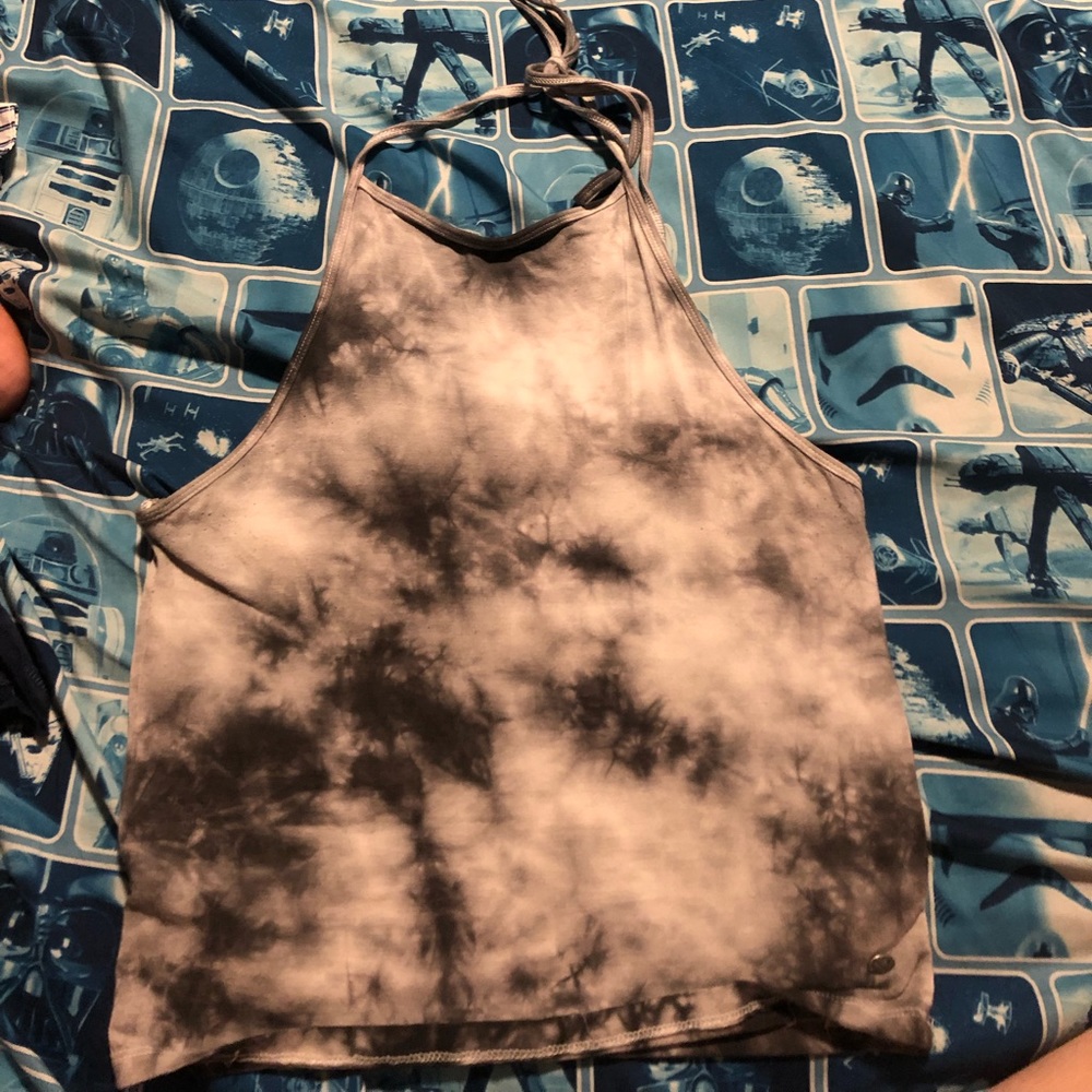 Tie dye black and grey halter top
-thin straps 
-American Eagle